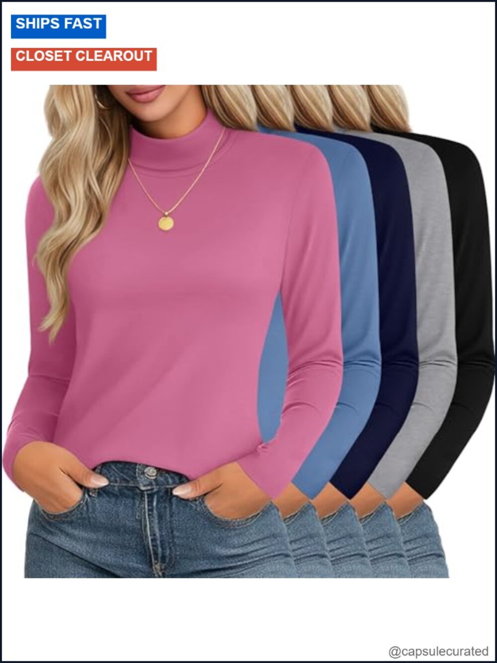 5 Pack Women's Cotton Spandex Turtleneck Thermal Long Sleeve Tees